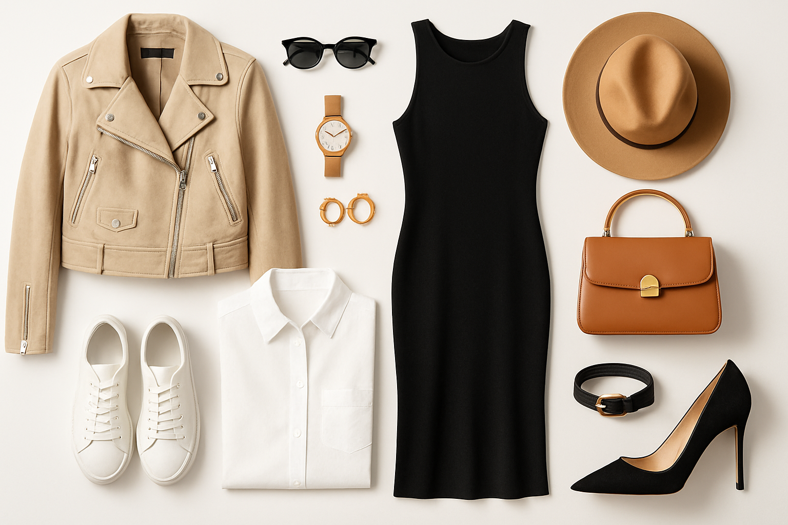 crea imagen que muestre ropa, accesorios y complementos fondo blanco